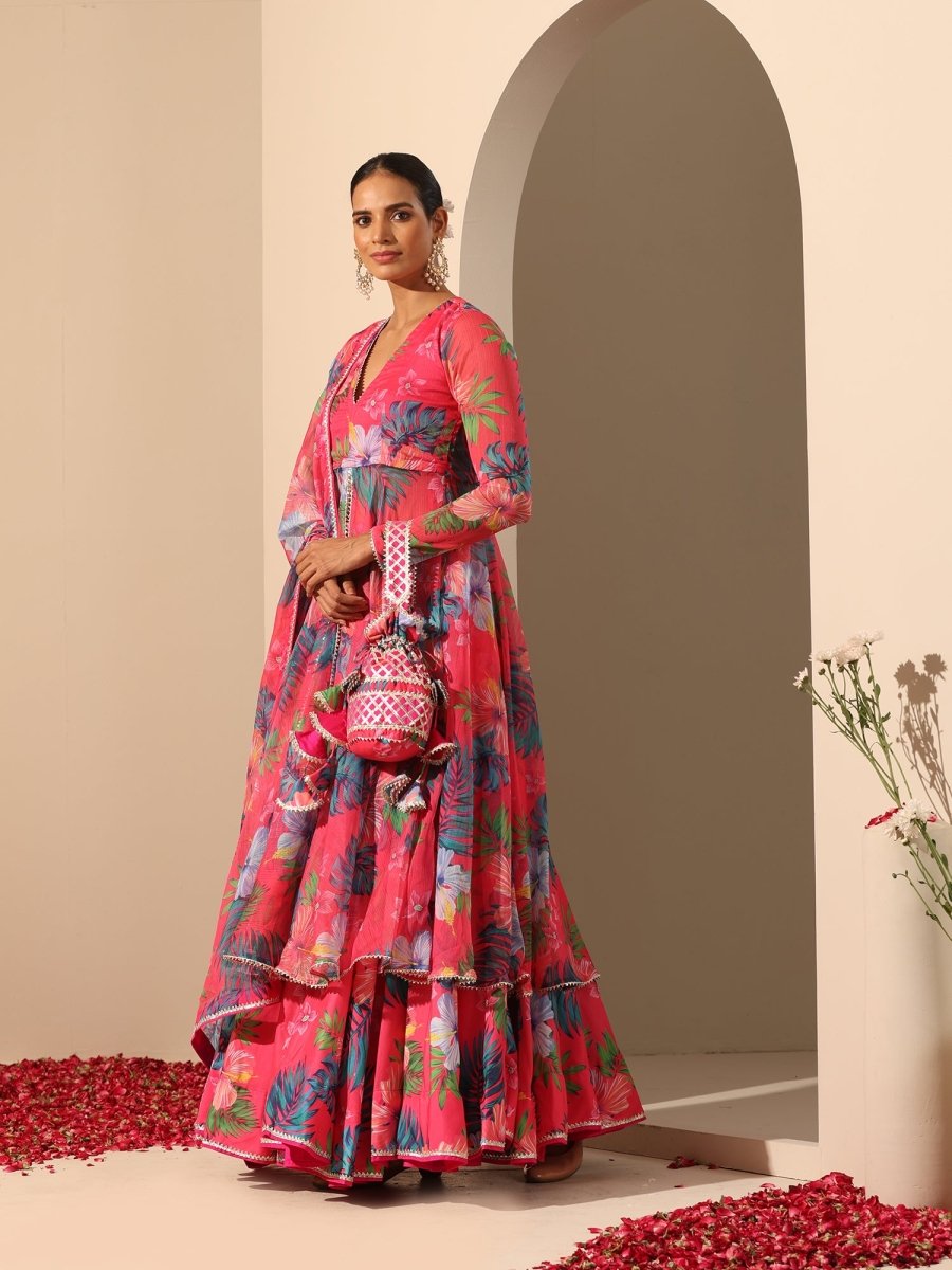 GUL QUDRAT pink muslin silk LEHENGA with digital print chiffon dupatta set - Pomcha Jaipur