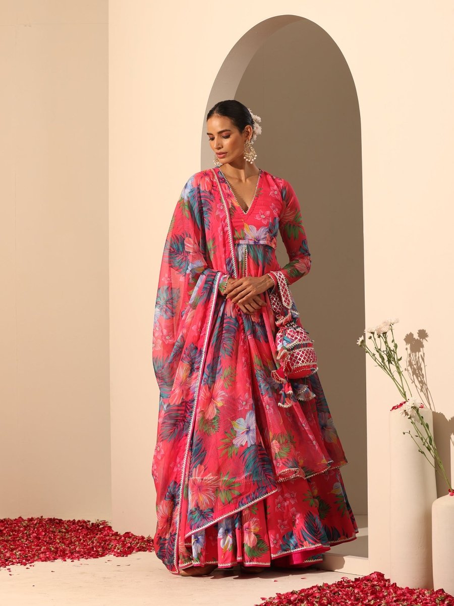 GUL QUDRAT pink muslin silk LEHENGA with digital print chiffon dupatta set - Pomcha Jaipur