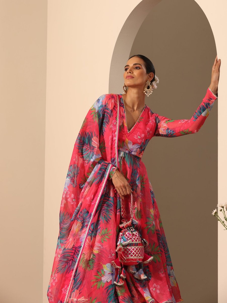 GUL QUDRAT pink muslin silk LEHENGA with digital print chiffon dupatta set - Pomcha Jaipur
