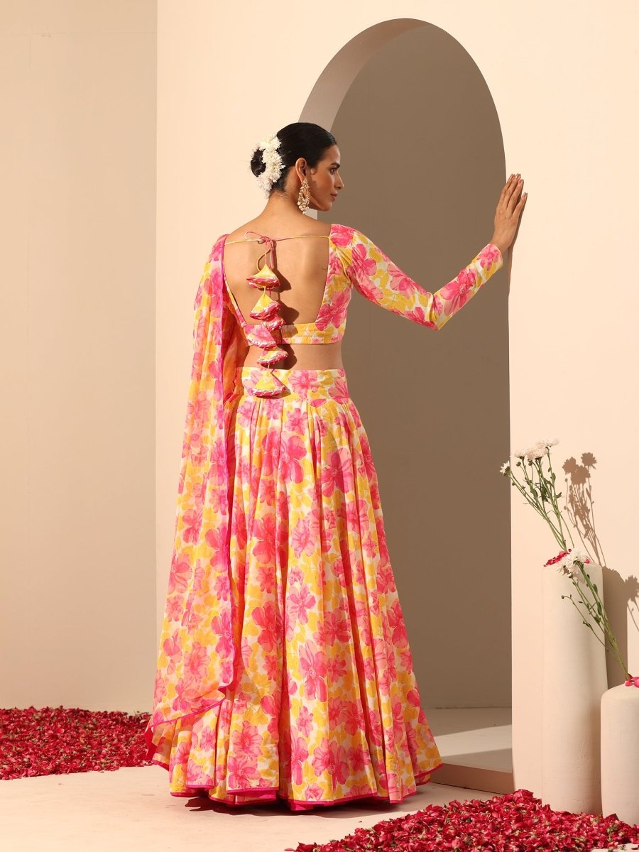 GUL RANGREZ YELLOW MUSLIN SILK LEHENGA WITH CHIFFON DUPATTA SET - Pomcha Jaipur