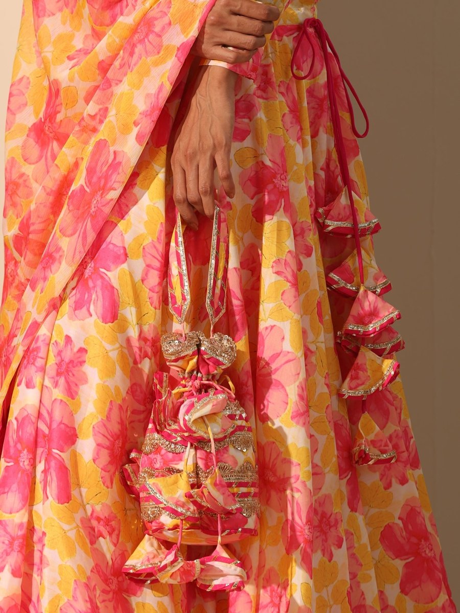 GUL RANGREZ YELLOW MUSLIN SILK LEHENGA WITH CHIFFON DUPATTA SET - Pomcha Jaipur