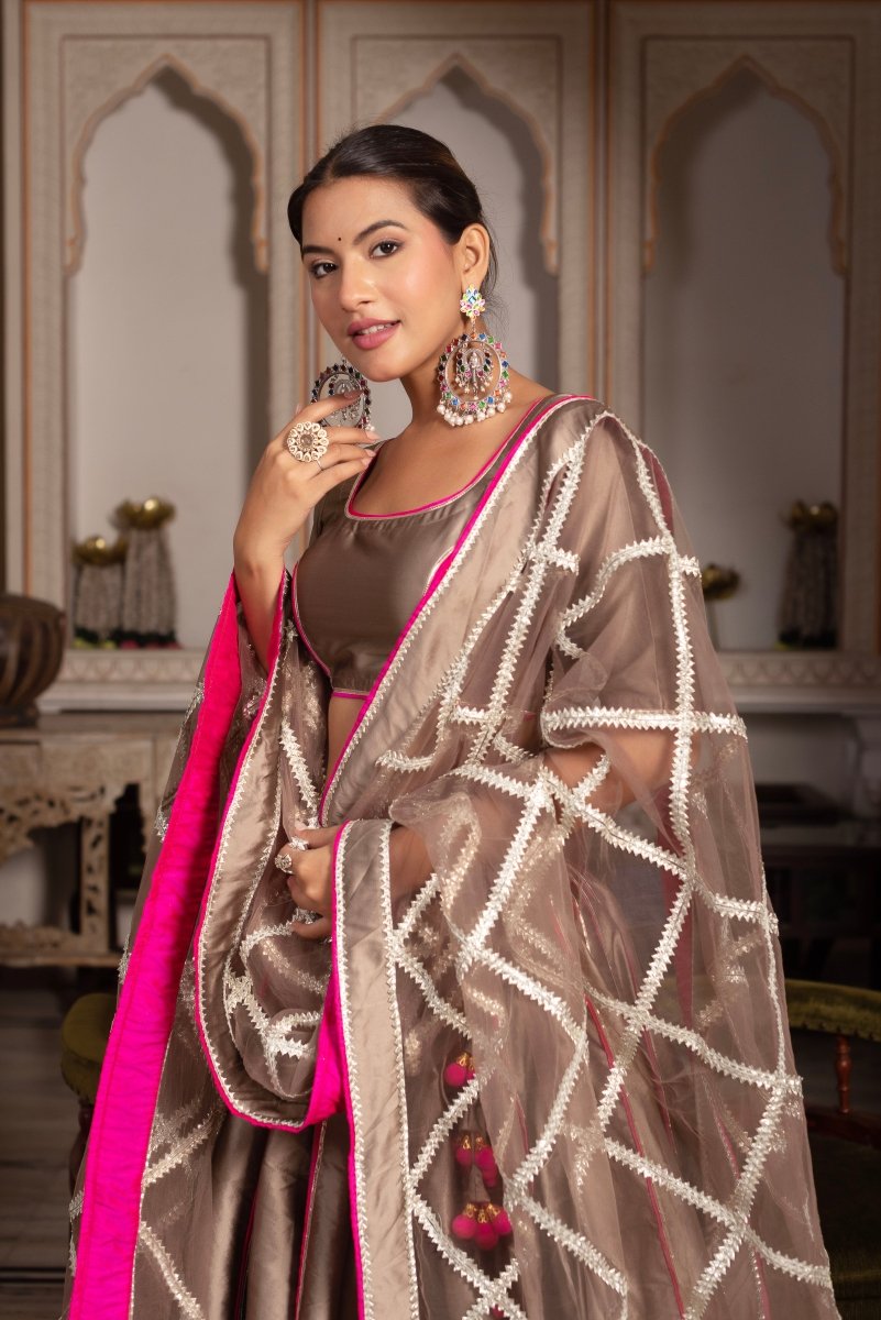 GULABI GALIYAN ASH GOLD TAFFETA SILK GOTA PATTI LEHENGA SET WITH SOFT NET DUPATTA - Pomcha Jaipur