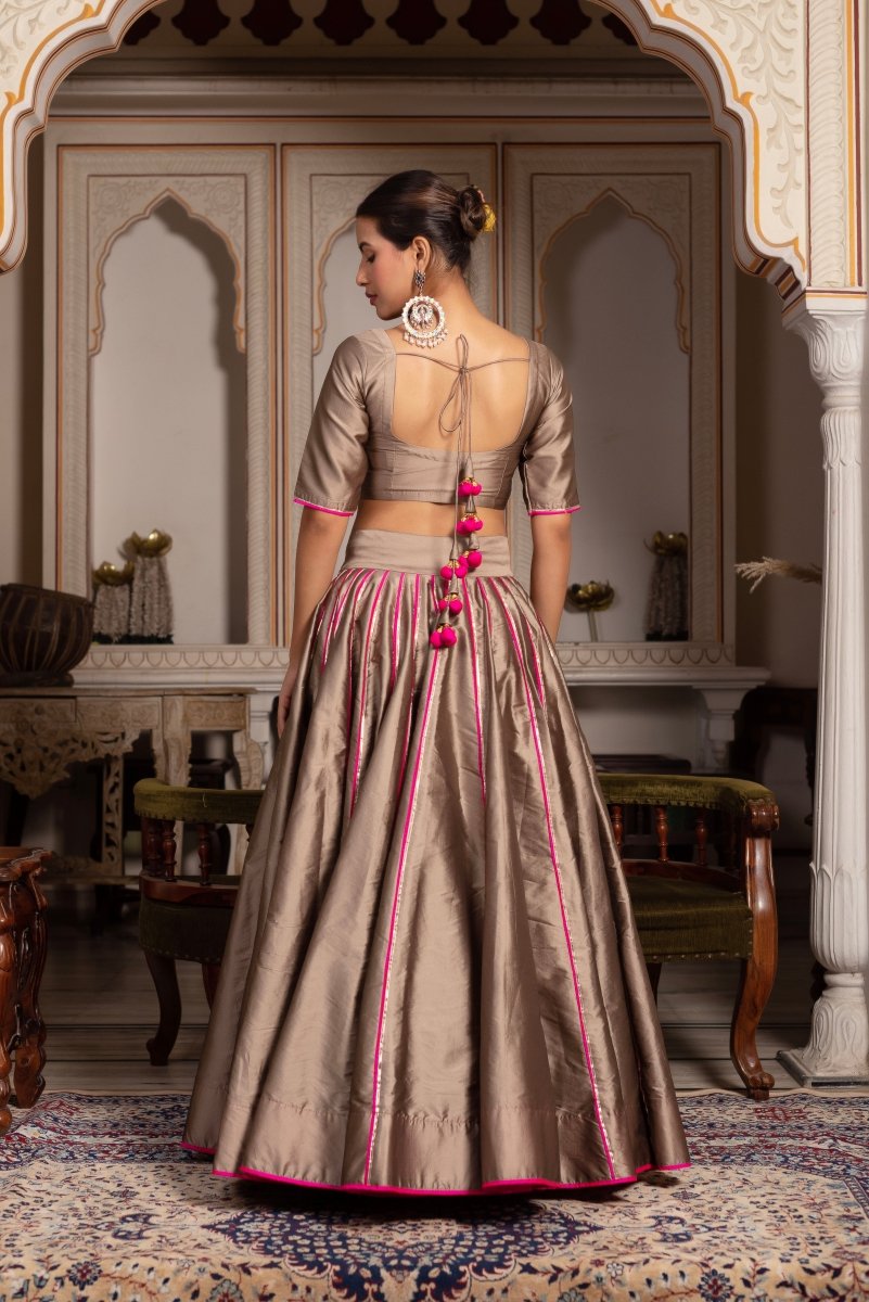 GULABI GALIYAN ASH GOLD TAFFETA SILK GOTA PATTI LEHENGA SET WITH SOFT NET DUPATTA - Pomcha Jaipur