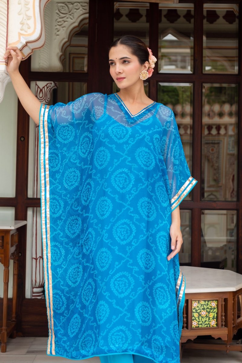 GULABI GALIYAN BANDEJ BLUE KAFTAN WITH COTTON PANT AND INNER - Pomcha Jaipur