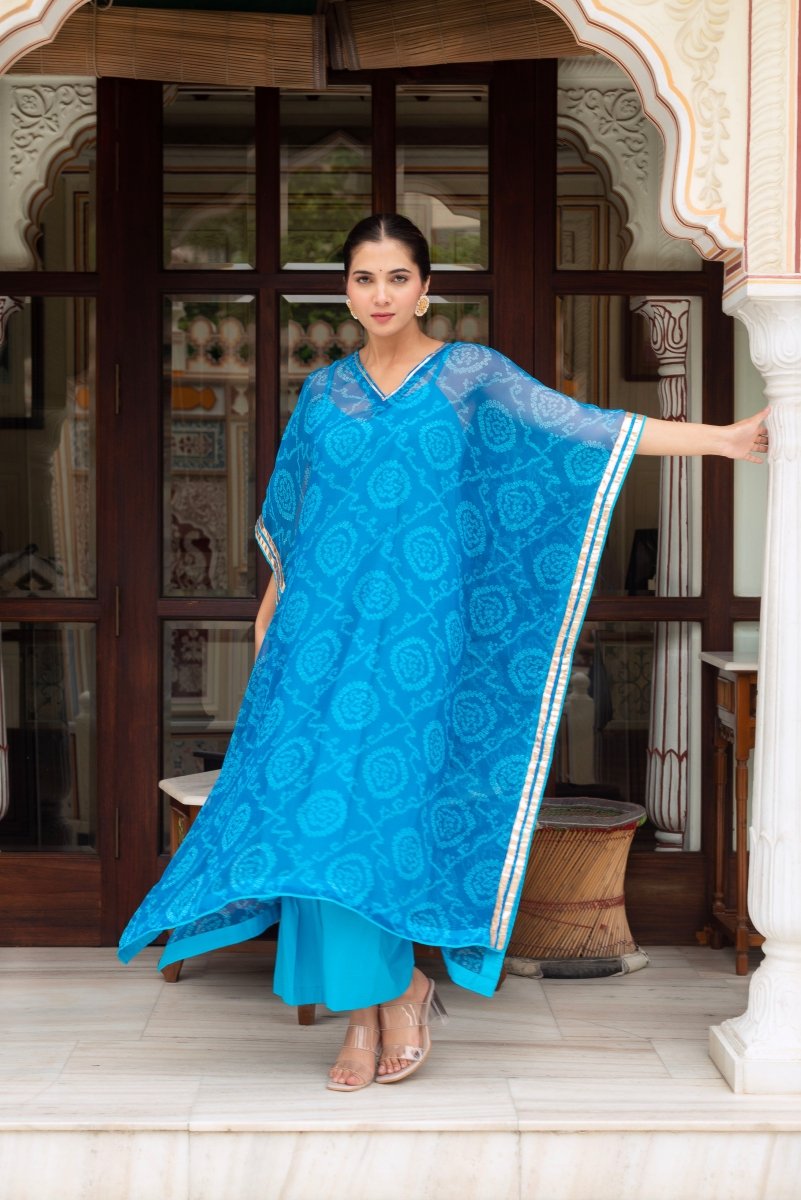 GULABI GALIYAN BANDEJ BLUE KAFTAN WITH COTTON PANT AND INNER - Pomcha Jaipur