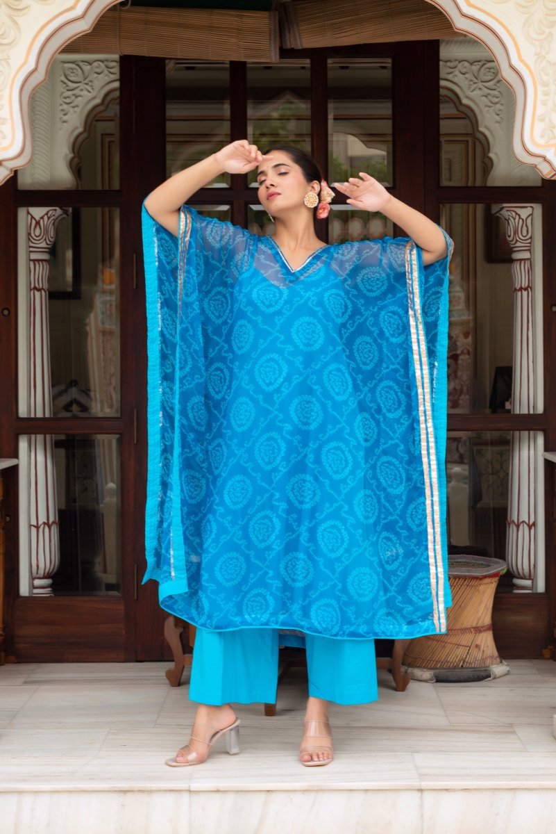 GULABI GALIYAN BANDEJ BLUE KAFTAN WITH COTTON PANT AND INNER - Pomcha Jaipur