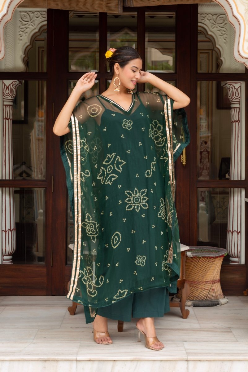 GULABI GALIYAN BANDEJ DARK GREEN KAFTAN WITH COTTON PANT AND INNER - Pomcha Jaipur
