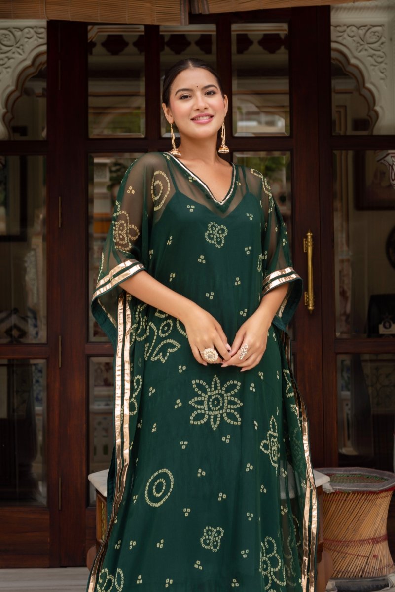 GULABI GALIYAN BANDEJ DARK GREEN KAFTAN WITH COTTON PANT AND INNER - Pomcha Jaipur