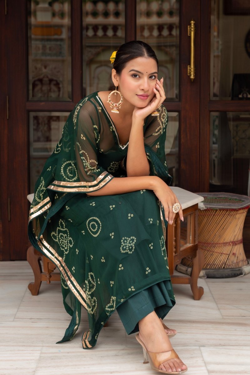GULABI GALIYAN BANDEJ DARK GREEN KAFTAN WITH COTTON PANT AND INNER - Pomcha Jaipur