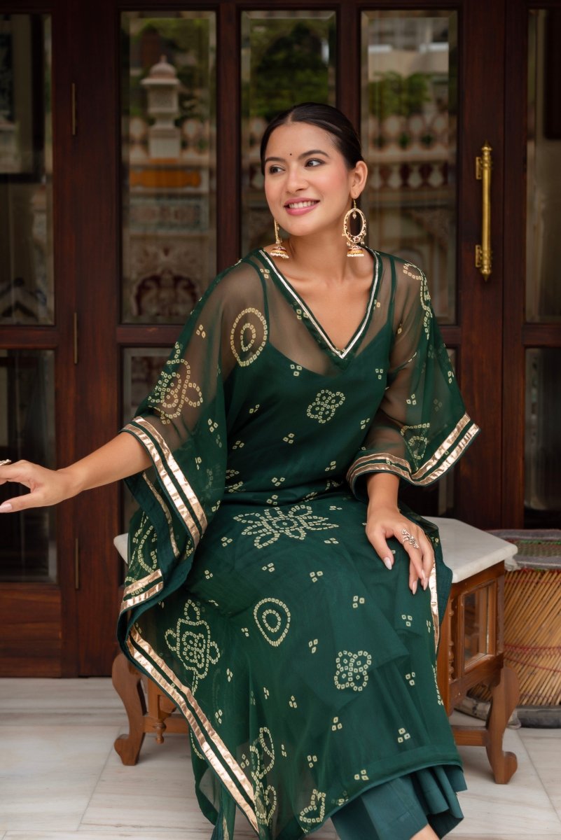 GULABI GALIYAN BANDEJ DARK GREEN KAFTAN WITH COTTON PANT AND INNER - Pomcha Jaipur
