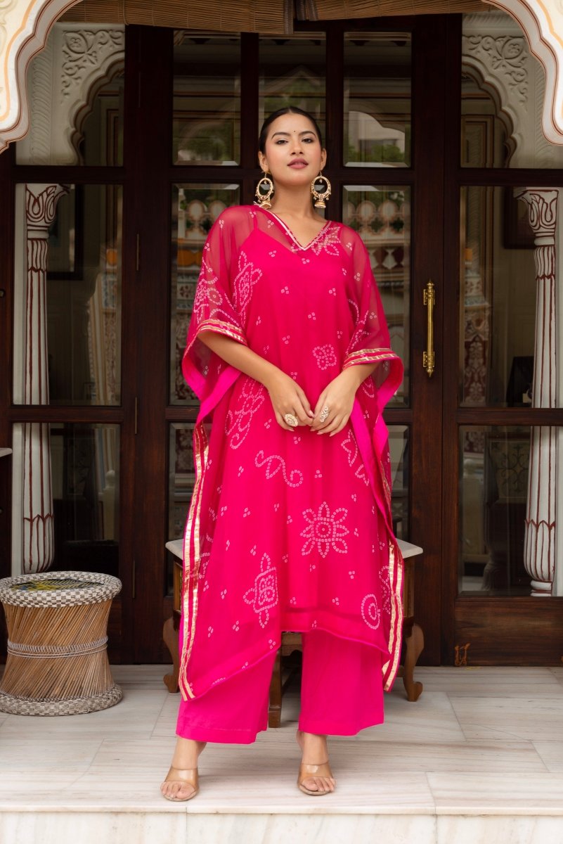 GULABI GALIYAN BANDEJ PINK KAFTAN WITH COTTON PANT AND INNER - Pomcha Jaipur