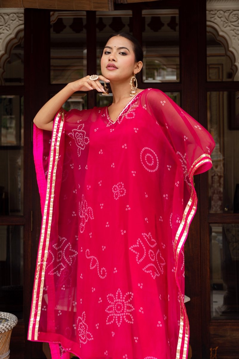 GULABI GALIYAN BANDEJ PINK KAFTAN WITH COTTON PANT AND INNER - Pomcha Jaipur