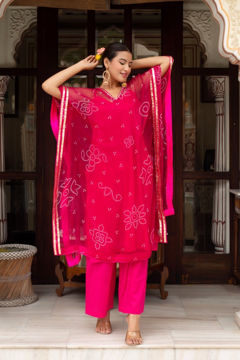 GULABI GALIYAN BANDEJ PINK KAFTAN WITH COTTON PANT AND INNER - Pomcha Jaipur