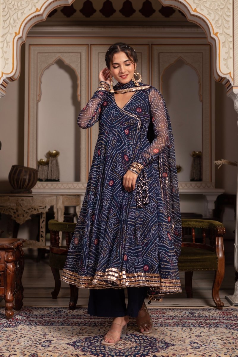 GULABI GALIYAN BANDHEJ BLUE GOTA PATTI GEORGETTE ANGRAKHA SET WITH GEORGETTE DUPATTA - Pomcha Jaipur