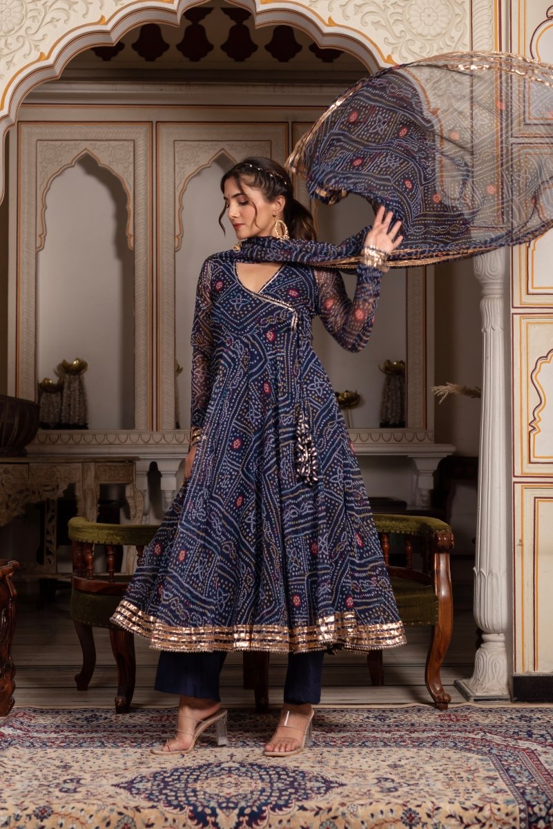 GULABI GALIYAN BANDHEJ BLUE GOTA PATTI GEORGETTE ANGRAKHA SET WITH GEORGETTE DUPATTA - Pomcha Jaipur