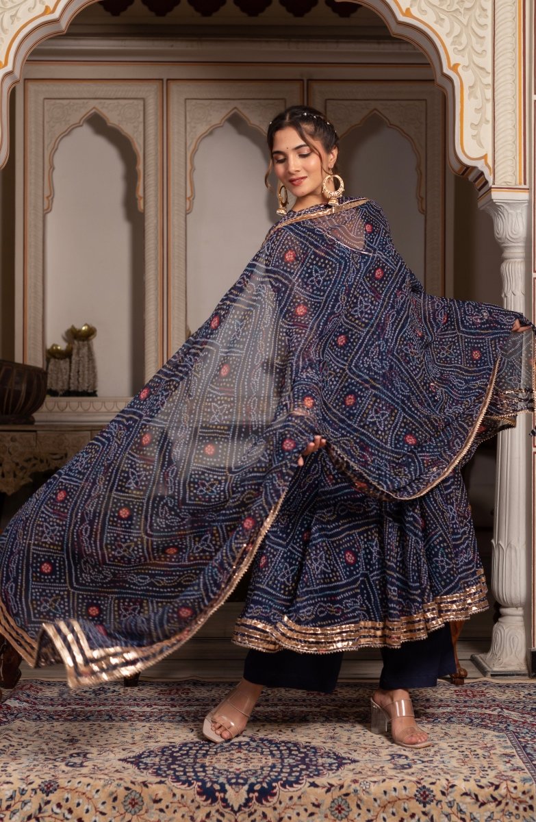 GULABI GALIYAN BANDHEJ BLUE GOTA PATTI GEORGETTE ANGRAKHA SET WITH GEORGETTE DUPATTA - Pomcha Jaipur