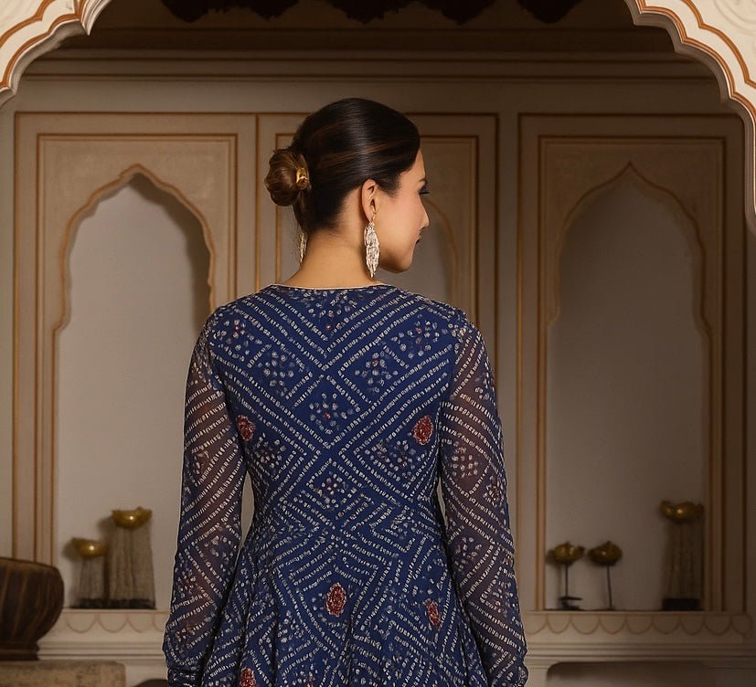 GULABI GALIYAN BANDHEJ BLUE GOTA PATTI GEORGETTE ANGRAKHA SET WITH GEORGETTE DUPATTA - Pomcha Jaipur