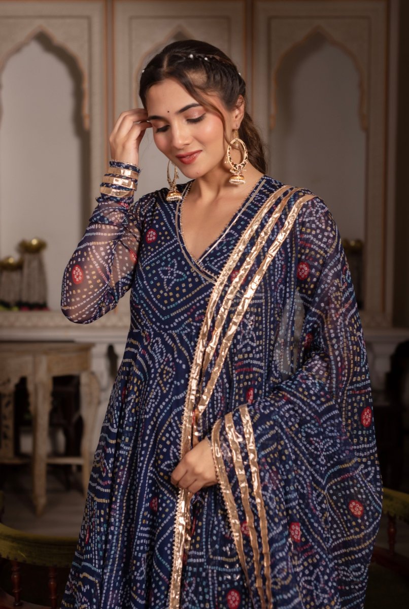 GULABI GALIYAN BANDHEJ BLUE GOTA PATTI GEORGETTE ANGRAKHA SET WITH GEORGETTE DUPATTA - Pomcha Jaipur