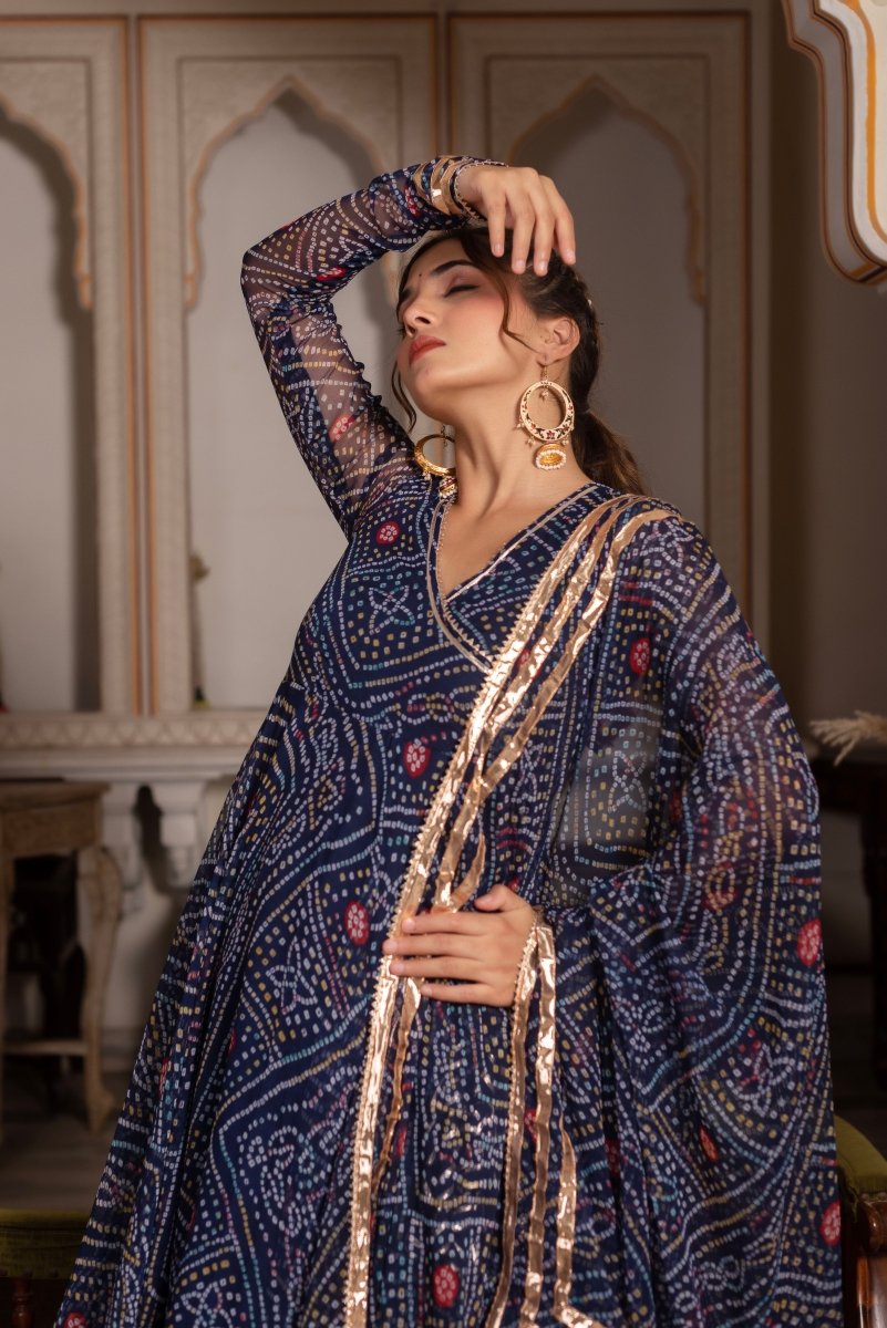GULABI GALIYAN BANDHEJ BLUE GOTA PATTI GEORGETTE ANGRAKHA SET WITH GEORGETTE DUPATTA - Pomcha Jaipur