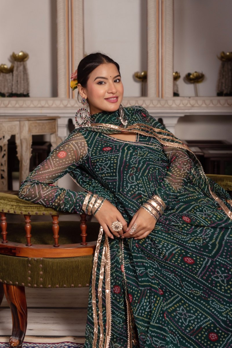 GULABI GALIYAN BANDHEJ GREEN GEORGETTE GOTA PATTI ANGRAKHA SET WITH GEORGETTE DUPATTA - Pomcha Jaipur