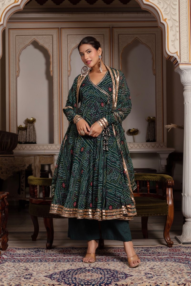 GULABI GALIYAN BANDHEJ GREEN GEORGETTE GOTA PATTI ANGRAKHA SET WITH GEORGETTE DUPATTA - Pomcha Jaipur