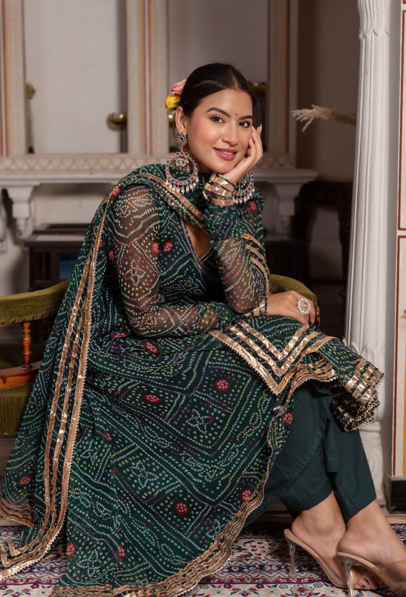 GULABI GALIYAN BANDHEJ GREEN GEORGETTE GOTA PATTI ANGRAKHA SET WITH GEORGETTE DUPATTA - Pomcha Jaipur