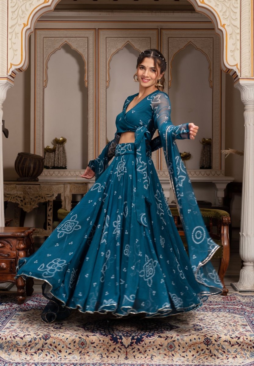 GULABI GALIYAN BANDHEJ TEAL GREEN GEORGETTE MANJARI LEHENGA SET WITH GEORGETTE DUPATTA - Pomcha Jaipur