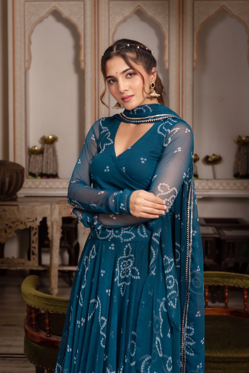GULABI GALIYAN BANDHEJ TEAL GREEN GEORGETTE MANJARI LEHENGA SET WITH GEORGETTE DUPATTA - Pomcha Jaipur