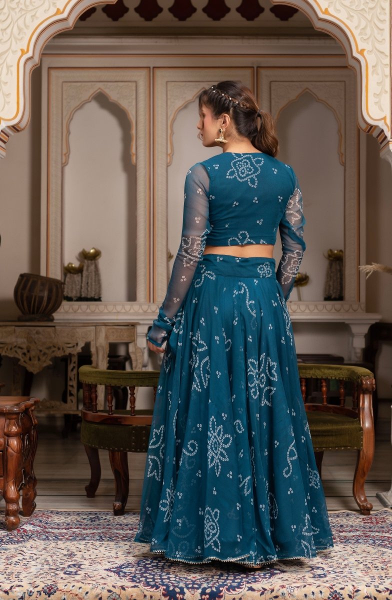 GULABI GALIYAN BANDHEJ TEAL GREEN GEORGETTE MANJARI LEHENGA SET WITH GEORGETTE DUPATTA - Pomcha Jaipur