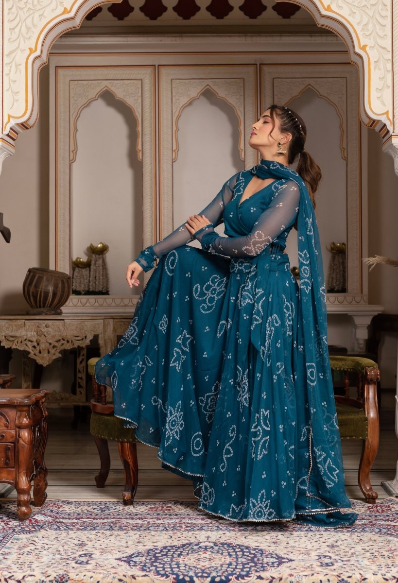 GULABI GALIYAN BANDHEJ TEAL GREEN GEORGETTE MANJARI LEHENGA SET WITH GEORGETTE DUPATTA - Pomcha Jaipur