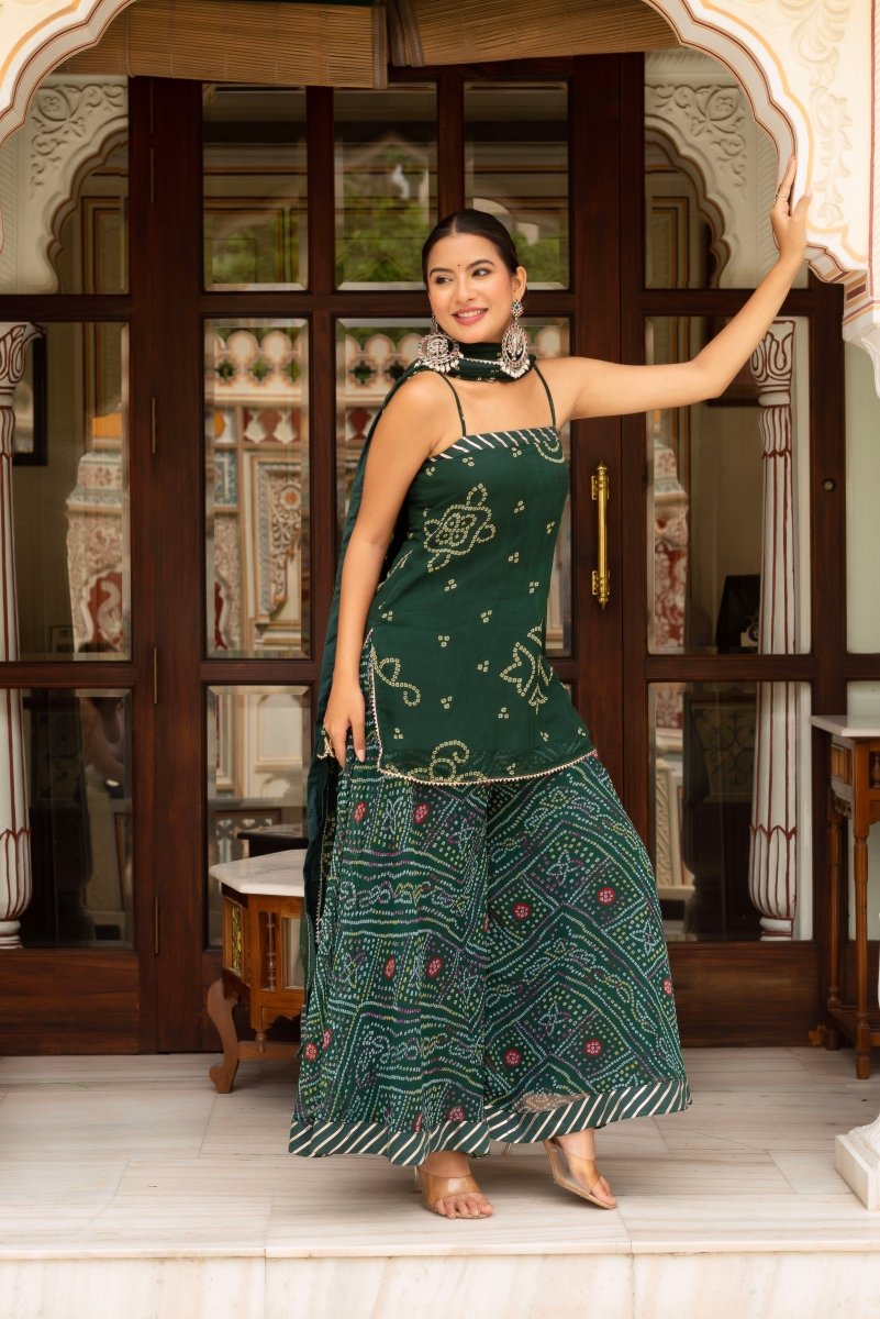 GULABI GALIYAN BOTTLE GREEN BANDHEJ GEORGETTE SHORT KURTA PLAZO SET WITH GEORGETTE DUPATTA - Pomcha Jaipur