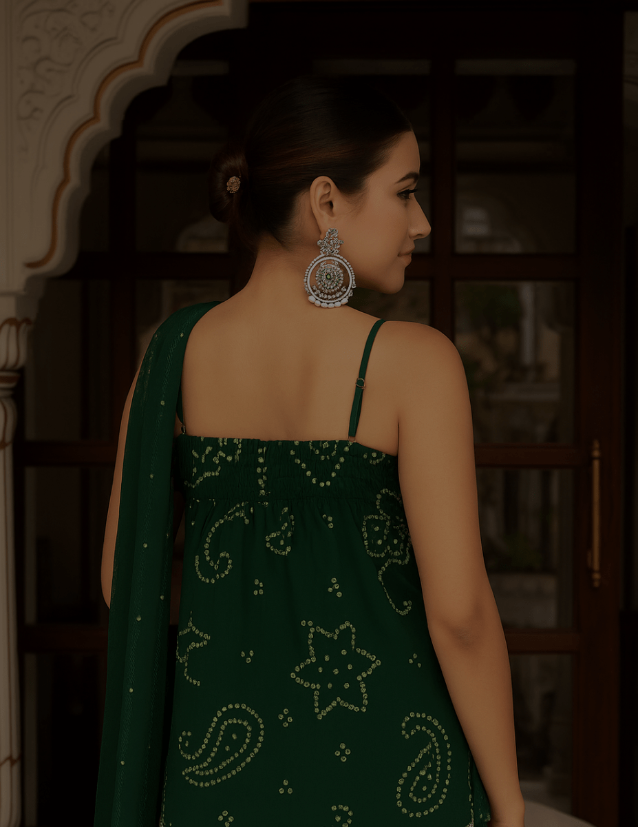 GULABI GALIYAN BOTTLE GREEN BANDHEJ GEORGETTE SHORT KURTA PLAZO SET WITH GEORGETTE DUPATTA - Pomcha Jaipur
