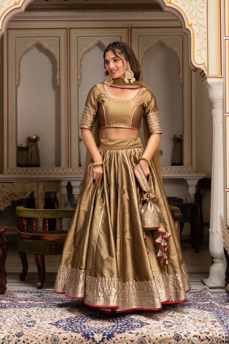 GULABI GALIYAN DUST GOLD TAFFETA SILK GOTA PATTI LEHENGA SET WITH SOFT NET DUPATTA - Pomcha Jaipur