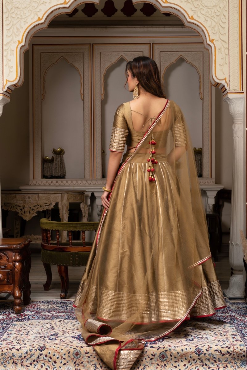 GULABI GALIYAN DUST GOLD TAFFETA SILK GOTA PATTI LEHENGA SET WITH SOFT NET DUPATTA - Pomcha Jaipur