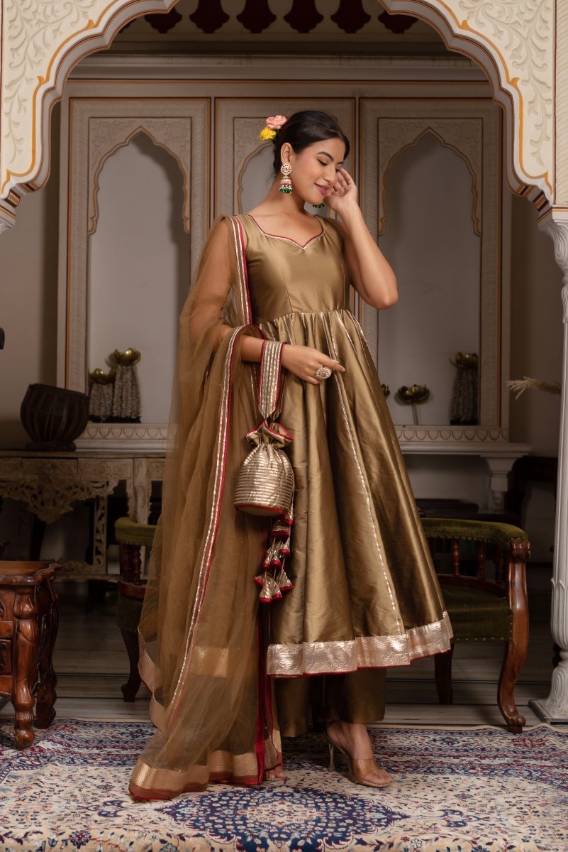 GULABI GALIYAN GOLD DUST TAFFETA SILKGOTA PATTI ANARKALI SET WITH SOFT NET DUPATTA - Pomcha Jaipur