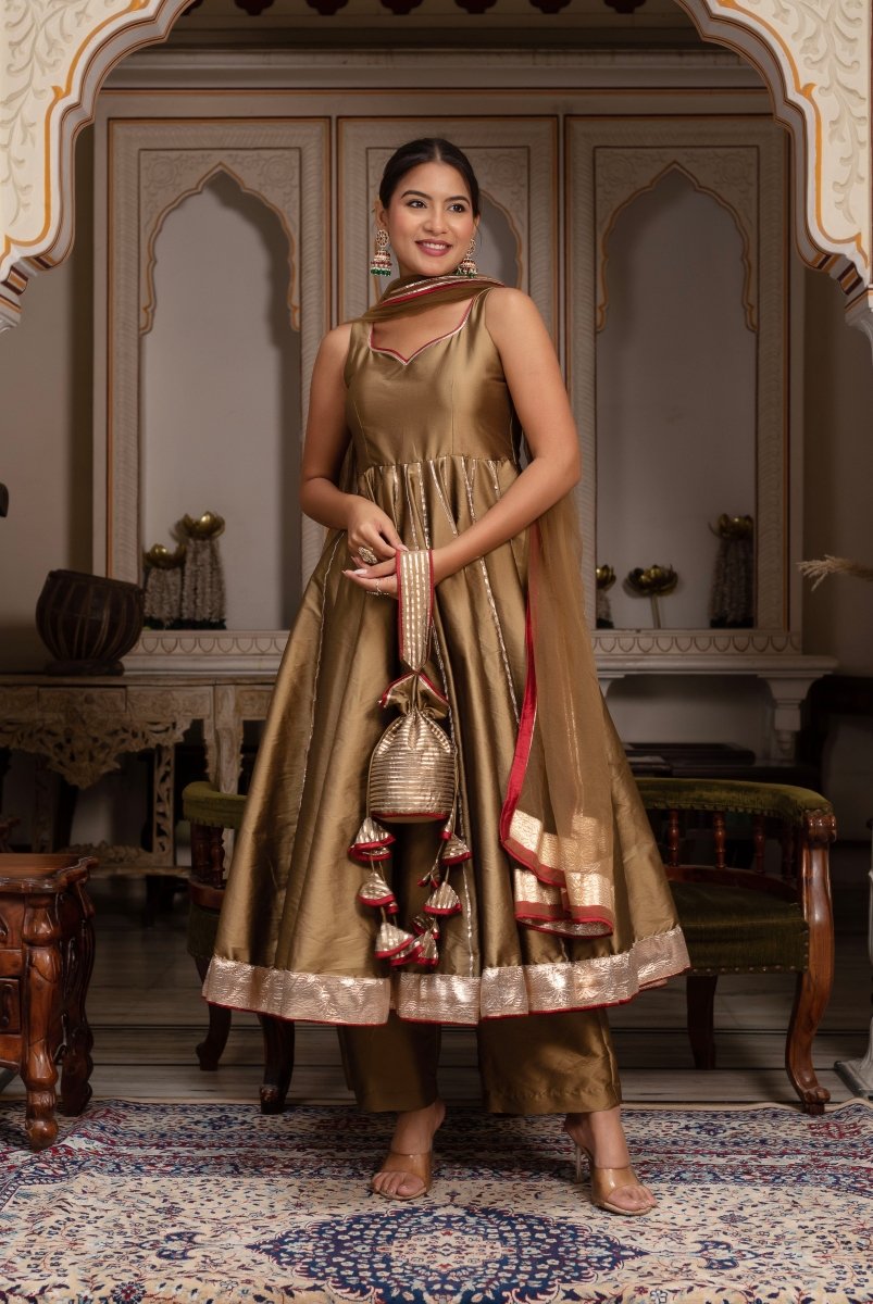 GULABI GALIYAN GOLD DUST TAFFETA SILKGOTA PATTI ANARKALI SET WITH SOFT NET DUPATTA - Pomcha Jaipur