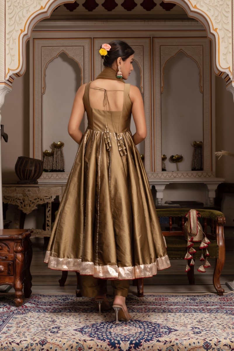 GULABI GALIYAN GOLD DUST TAFFETA SILKGOTA PATTI ANARKALI SET WITH SOFT NET DUPATTA - Pomcha Jaipur