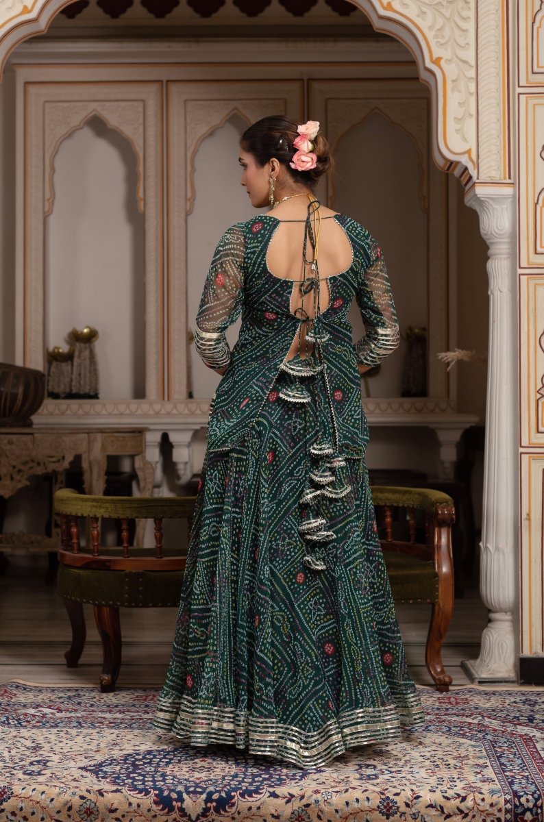 GULABI GALIYAN GREEN GEORGETTE BANDHEJ GOTA PATTI SKIRT SET WITH GEORGETTE DUPATTA - Pomcha Jaipur