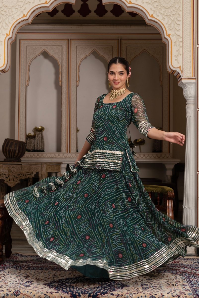 GULABI GALIYAN GREEN GEORGETTE BANDHEJ GOTA PATTI SKIRT SET WITH GEORGETTE DUPATTA - Pomcha Jaipur