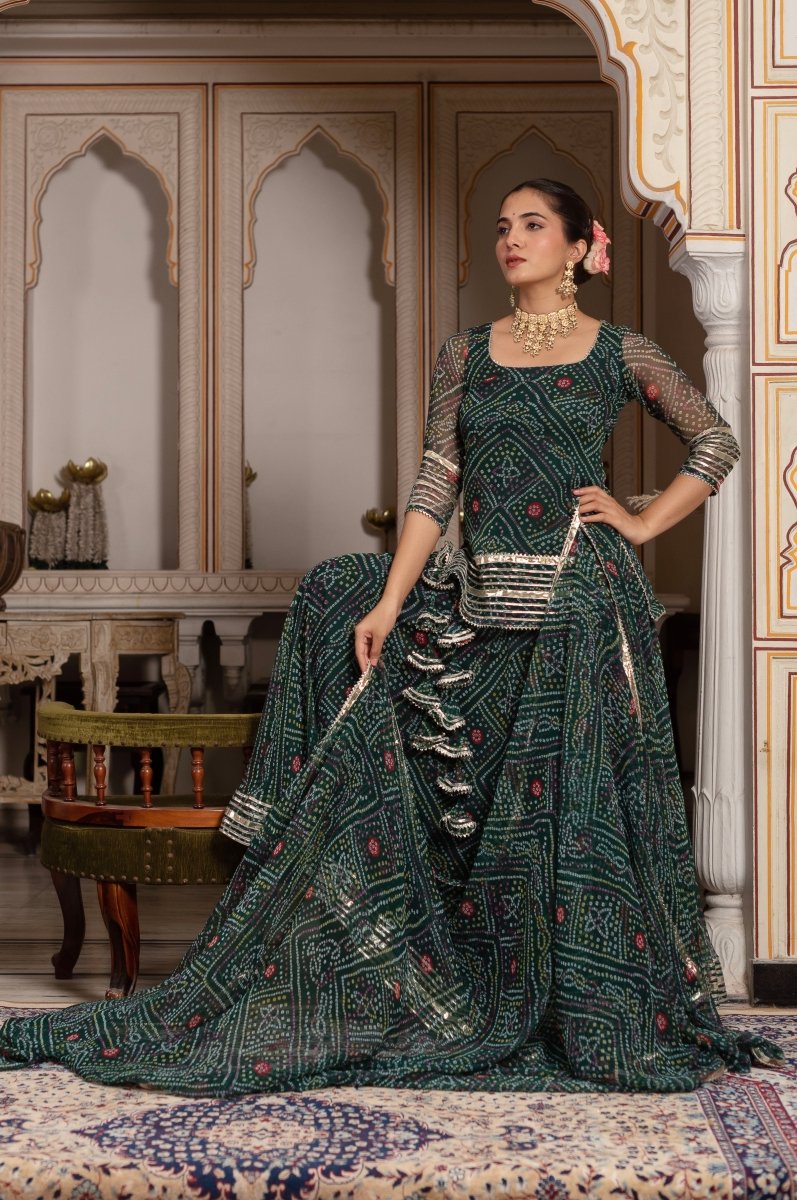 GULABI GALIYAN GREEN GEORGETTE BANDHEJ GOTA PATTI SKIRT SET WITH GEORGETTE DUPATTA - Pomcha Jaipur