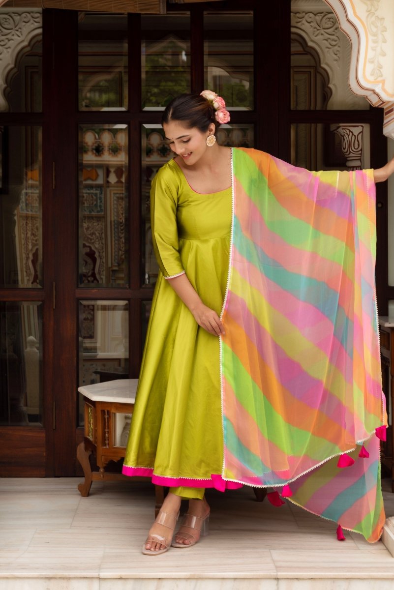 GULABI GALIYAN GULAAL GREEN TAFFETA SILK ANARKALI WITH LEHERIYA GEORGETTE DUPATTA - Pomcha Jaipur