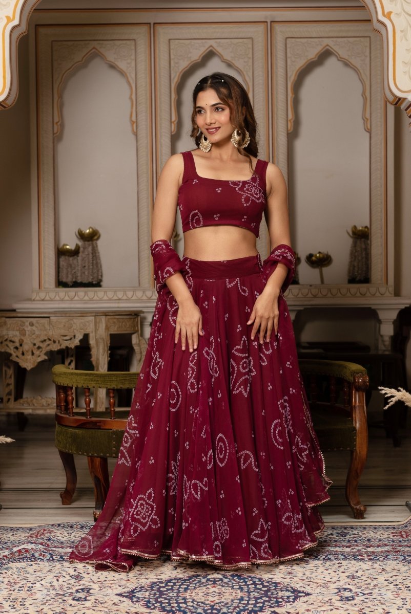 GULABI GALIYAN MAROON BANDHEJ GOTA PATTI GEORGETTE LEHENGA SET - Pomcha Jaipur