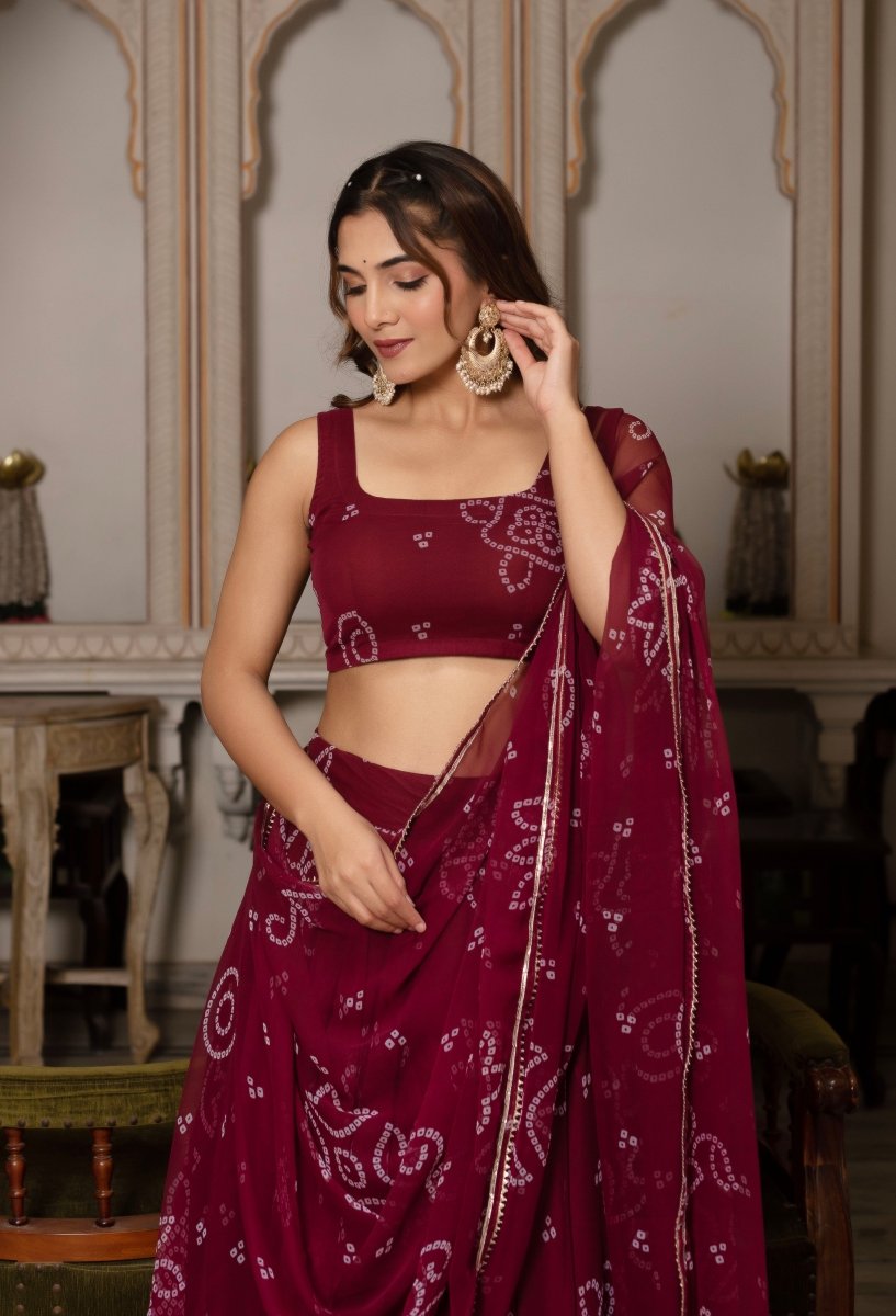 GULABI GALIYAN MAROON BANDHEJ GOTA PATTI GEORGETTE LEHENGA SET - Pomcha Jaipur