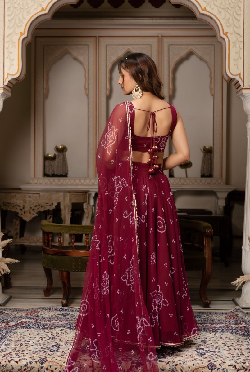 GULABI GALIYAN MAROON BANDHEJ GOTA PATTI GEORGETTE LEHENGA SET - Pomcha Jaipur