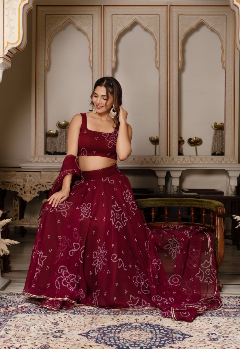 GULABI GALIYAN MAROON BANDHEJ GOTA PATTI GEORGETTE LEHENGA SET - Pomcha Jaipur