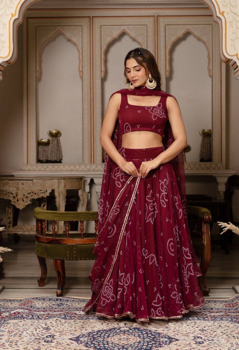 GULABI GALIYAN MAROON BANDHEJ GOTA PATTI GEORGETTE LEHENGA SET - Pomcha Jaipur