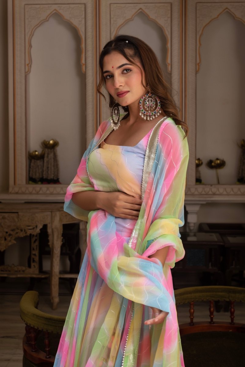 GULABI GALIYAN MULTICOLOR LEHERIYA GEORGETTE GOTA PATTI LEHENGA SET - Pomcha Jaipur