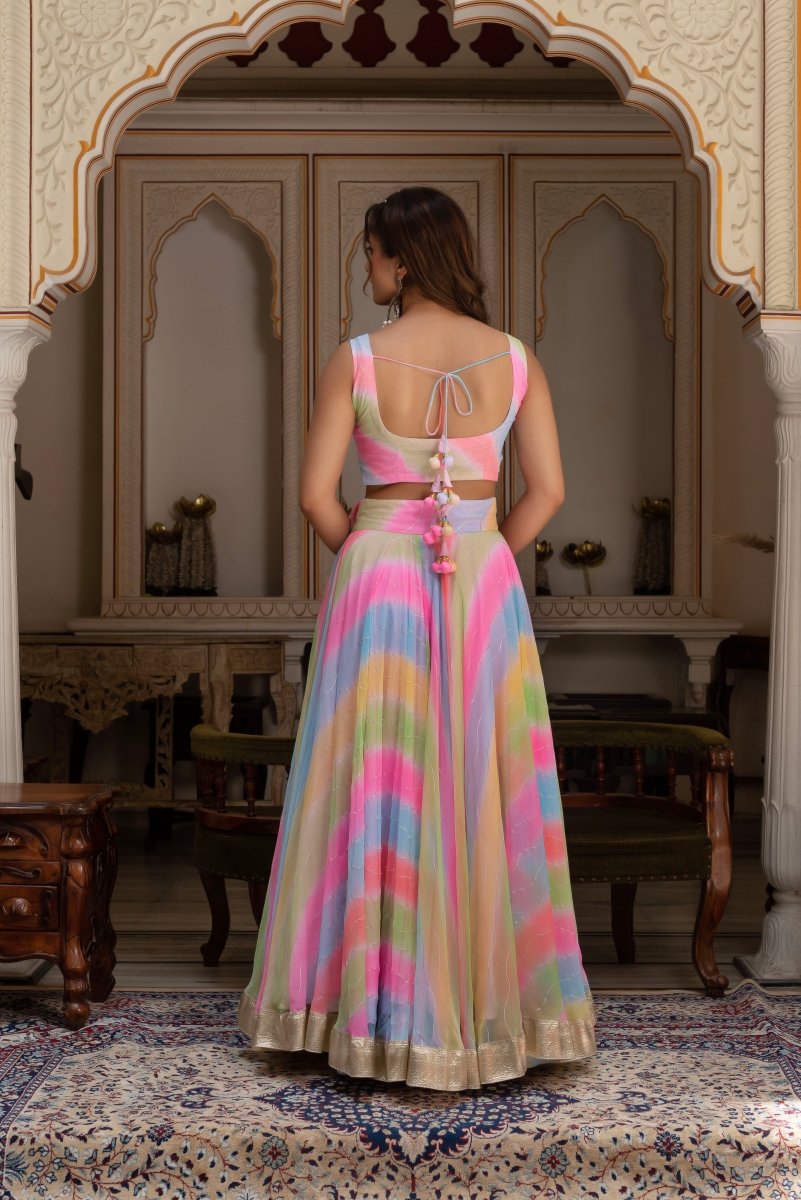 GULABI GALIYAN MULTICOLOR LEHERIYA GEORGETTE GOTA PATTI LEHENGA SET - Pomcha Jaipur