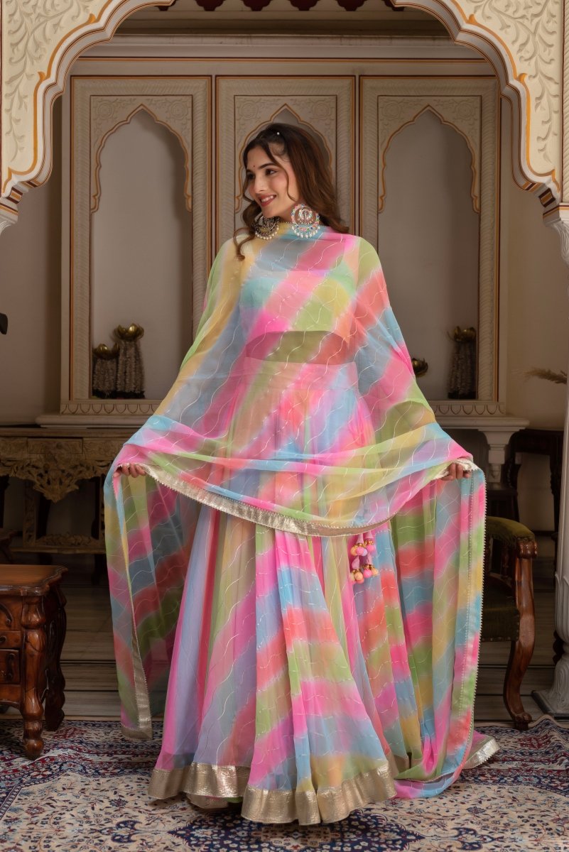 GULABI GALIYAN MULTICOLOR LEHERIYA GEORGETTE GOTA PATTI LEHENGA SET - Pomcha Jaipur