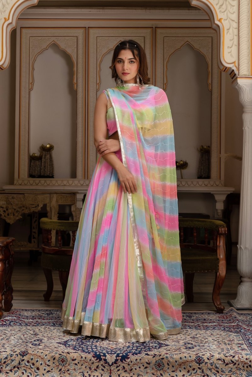 GULABI GALIYAN MULTICOLOR LEHERIYA GEORGETTE GOTA PATTI LEHENGA SET - Pomcha Jaipur